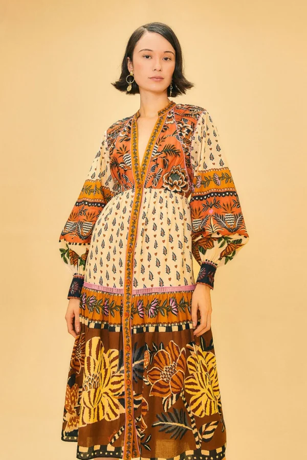 FARM Rio BEIGE AINIKA FLORAL V NECK MIDI DRESS Cheap