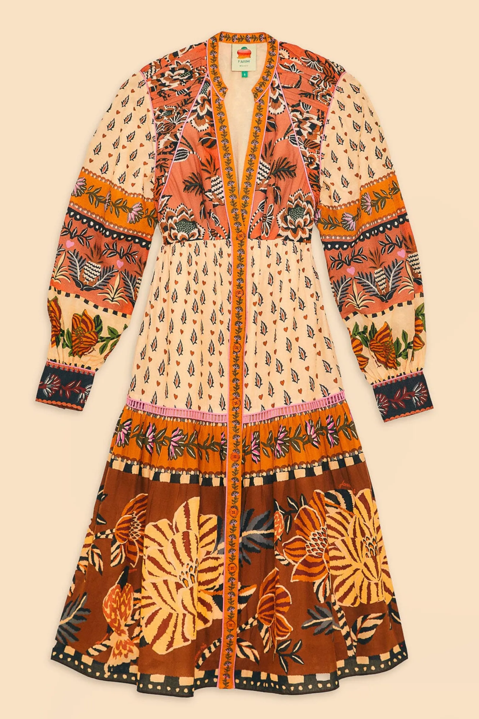 FARM Rio BEIGE AINIKA FLORAL V NECK MIDI DRESS Cheap