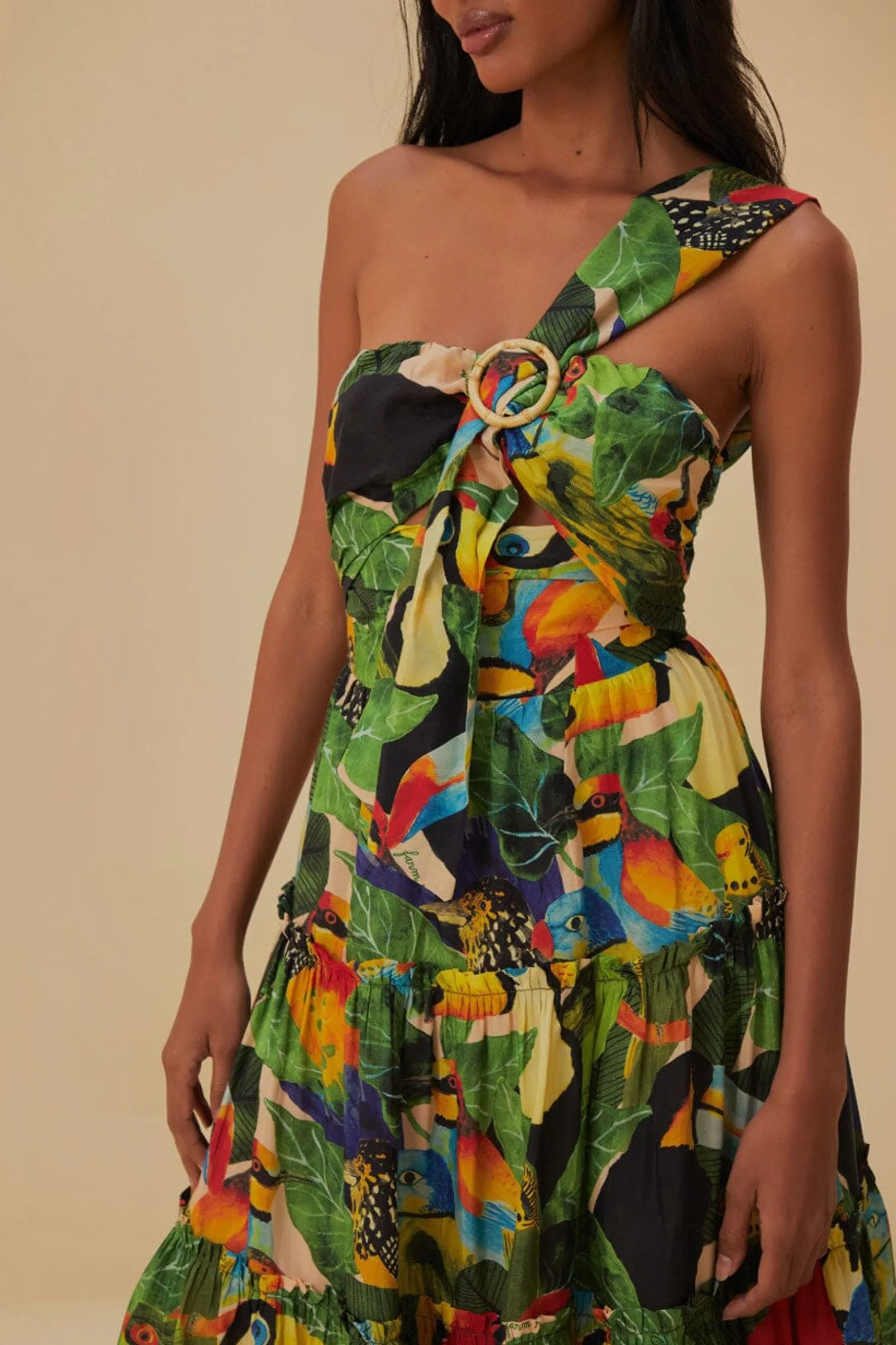 FARM Rio BIRD LEAVES SAND ONE SHOULDER MAXI DRESS Fashion