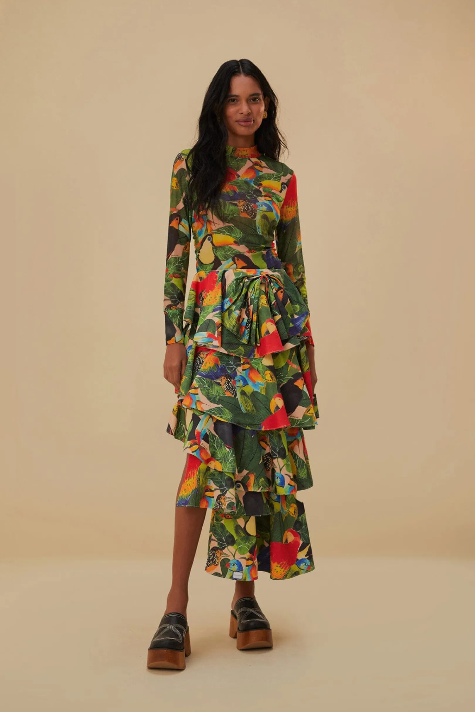FARM Rio BIRD LEAVES SAND TIERED BOW DETAIL MAXI SKIRT New
