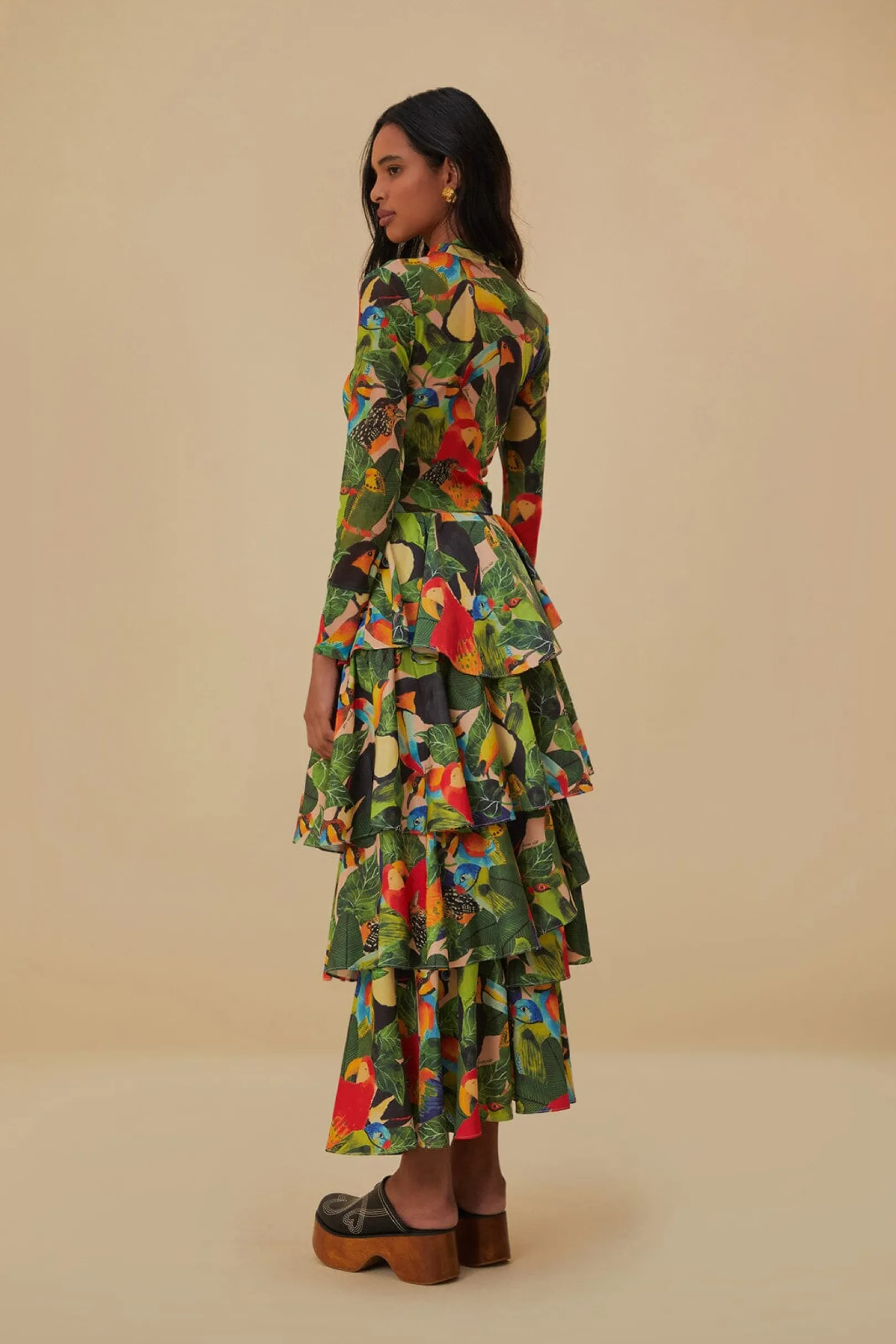 FARM Rio BIRD LEAVES SAND TIERED BOW DETAIL MAXI SKIRT New