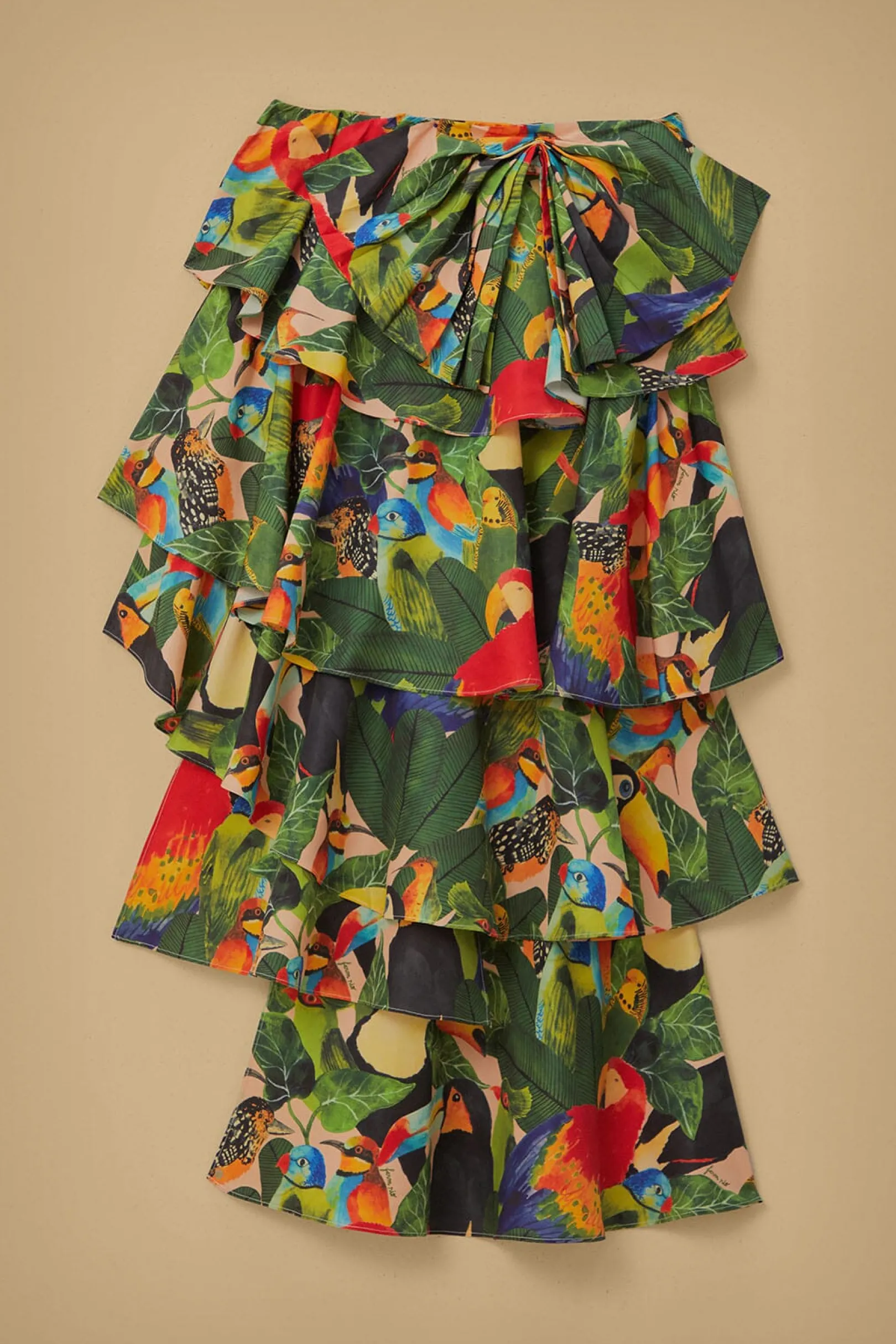 FARM Rio BIRD LEAVES SAND TIERED BOW DETAIL MAXI SKIRT New