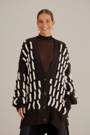 FARM Rio BLACK AND WHITE TEXTURED KNIT CARDIGAN Flash Sale