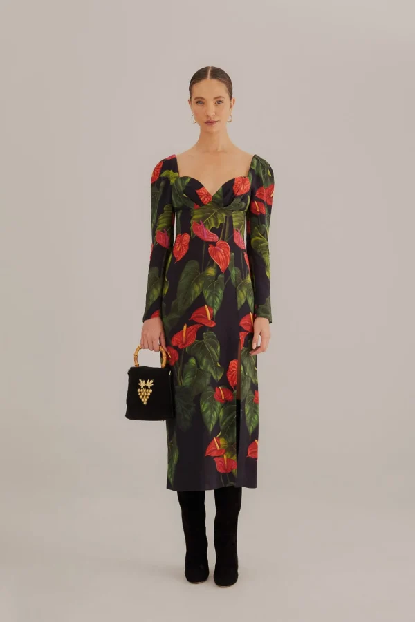 FARM Rio BLACK ANTHURIUM SLIT MIDI DRESS Clearance