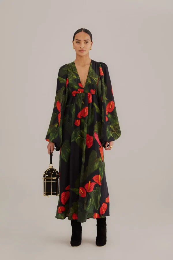 FARM Rio BLACK ANTHURIUM V NECK MAXI DRESS Outlet