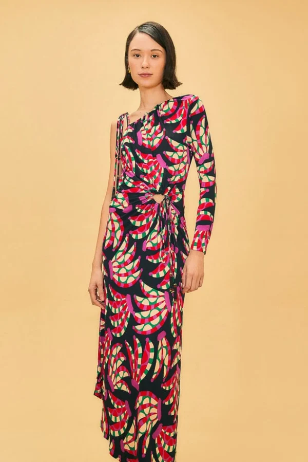 FARM Rio BLACK BANANA DOTS ONE SHOULDER MIDI DRESS Online