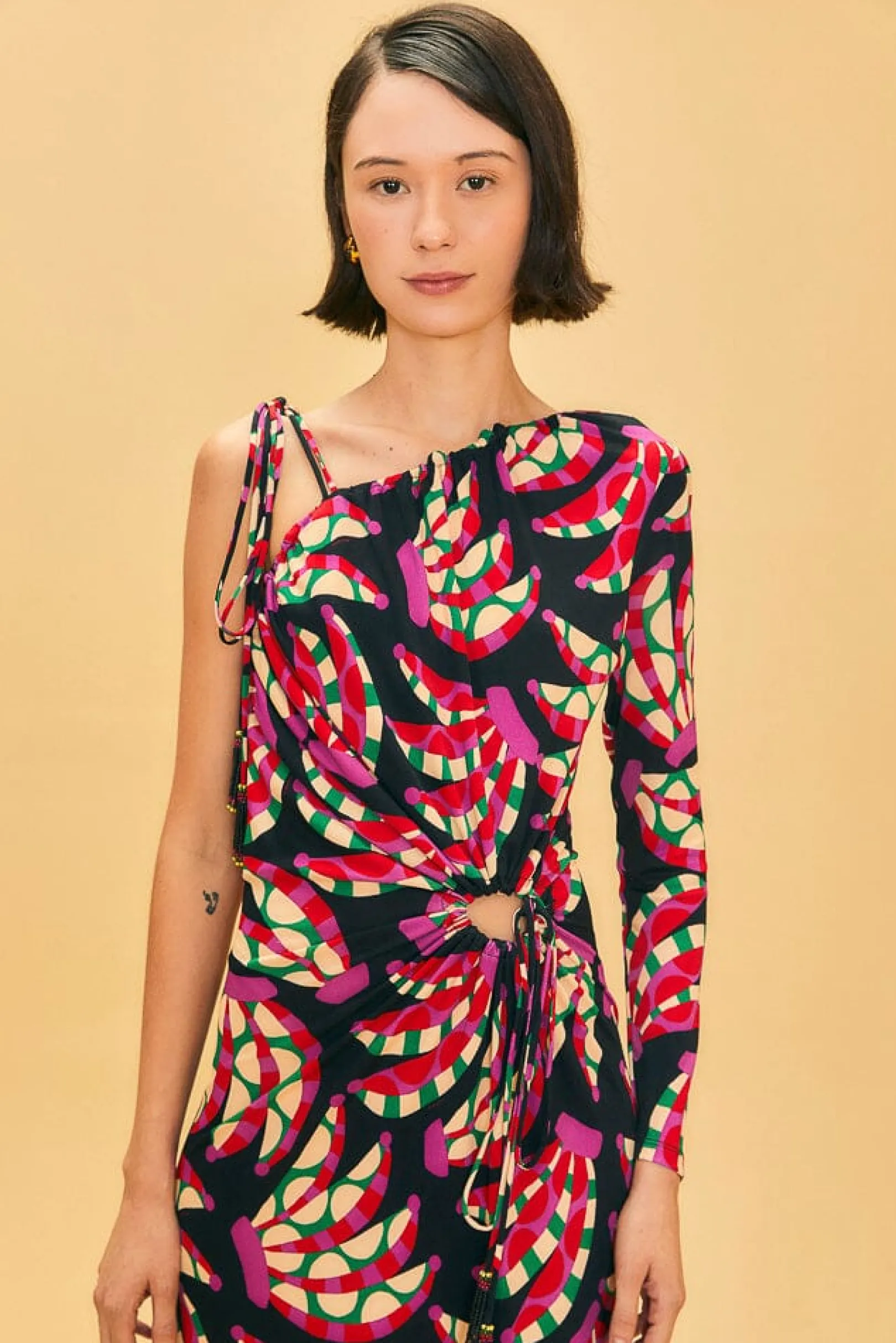 FARM Rio BLACK BANANA DOTS ONE SHOULDER MIDI DRESS Online