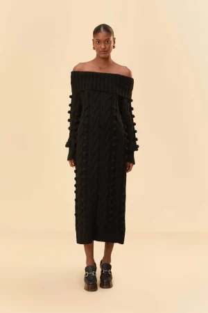 FARM Rio BLACK BRAIDED MIDI SWEATER DRESS Outlet