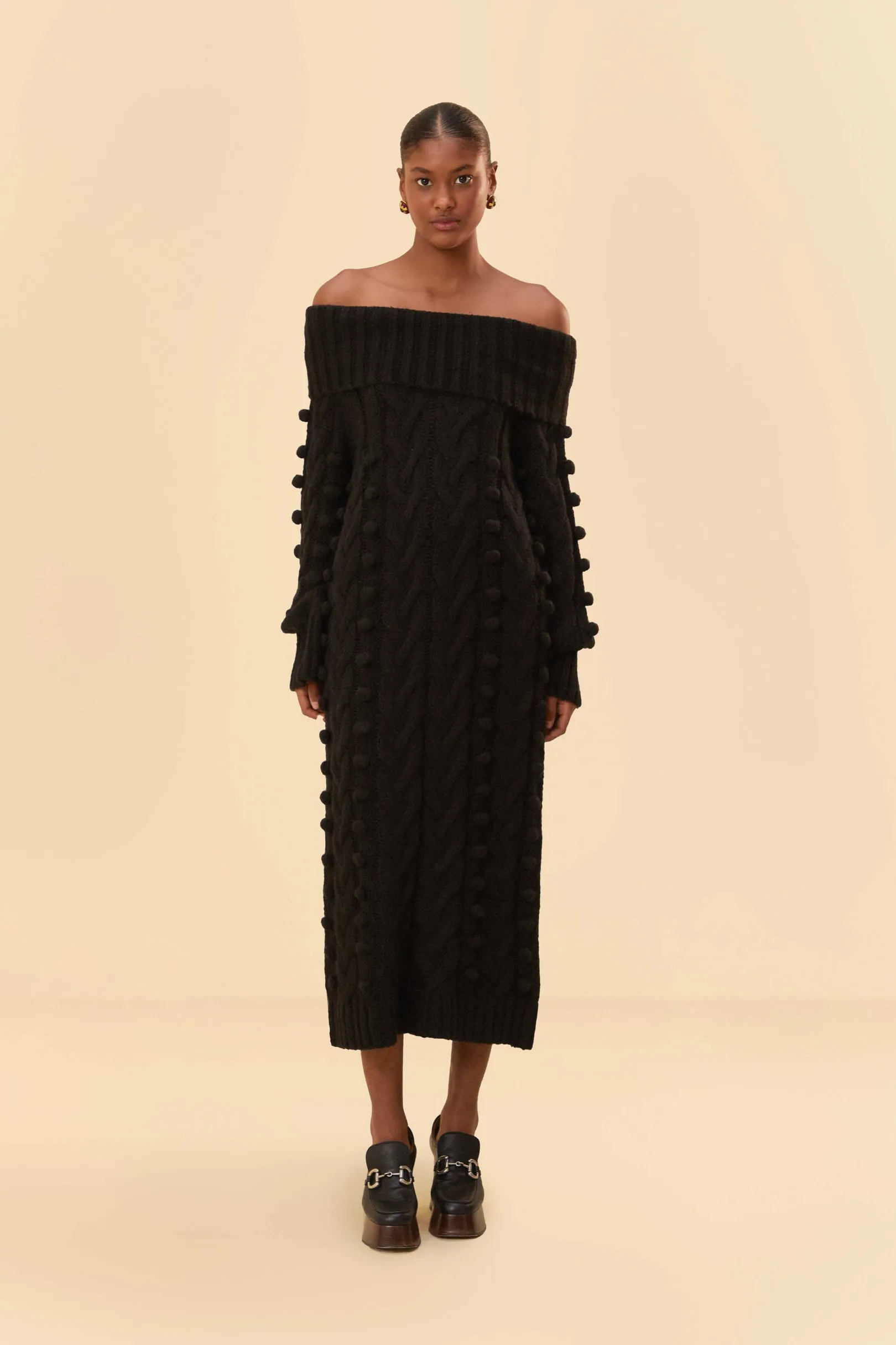 FARM Rio BLACK BRAIDED MIDI SWEATER DRESS Outlet