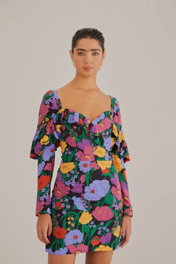 FARM Rio BLACK BUCOLIC GARDEN LONG SLEEVE MINI DRESS Online