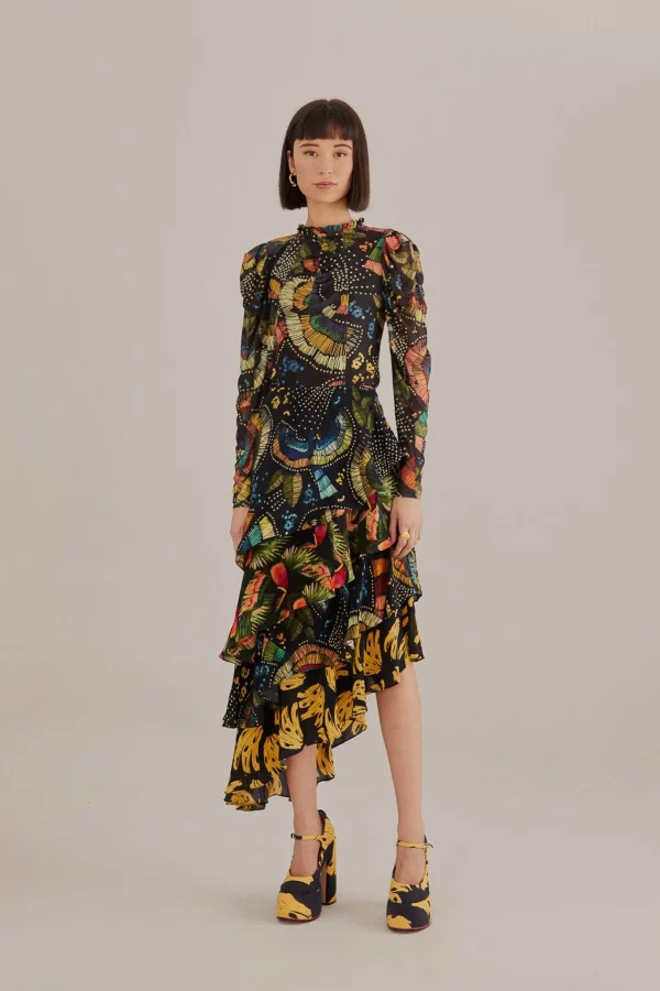 FARM Rio  BLACK COLORFUL BIRDS TULLE BLOUSE Store