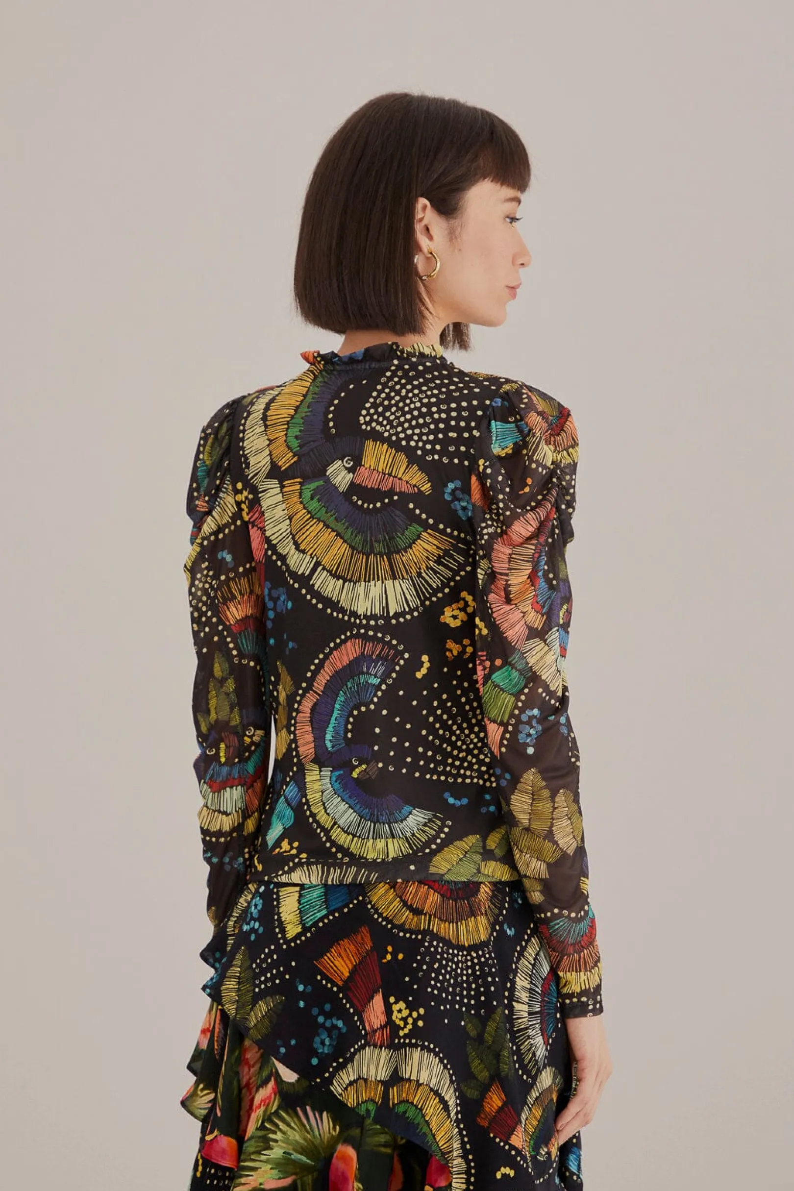 FARM Rio BLACK COLORFUL BIRDS TULLE BLOUSE Store