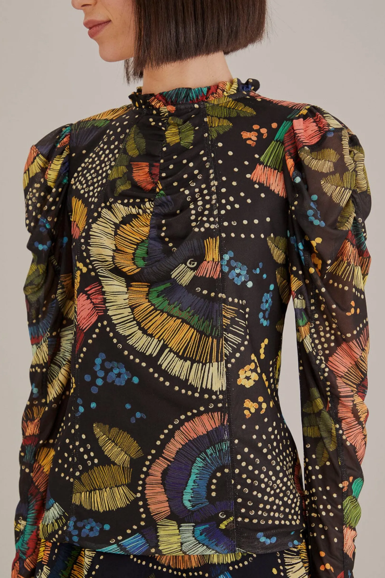 FARM Rio BLACK COLORFUL BIRDS TULLE BLOUSE Store