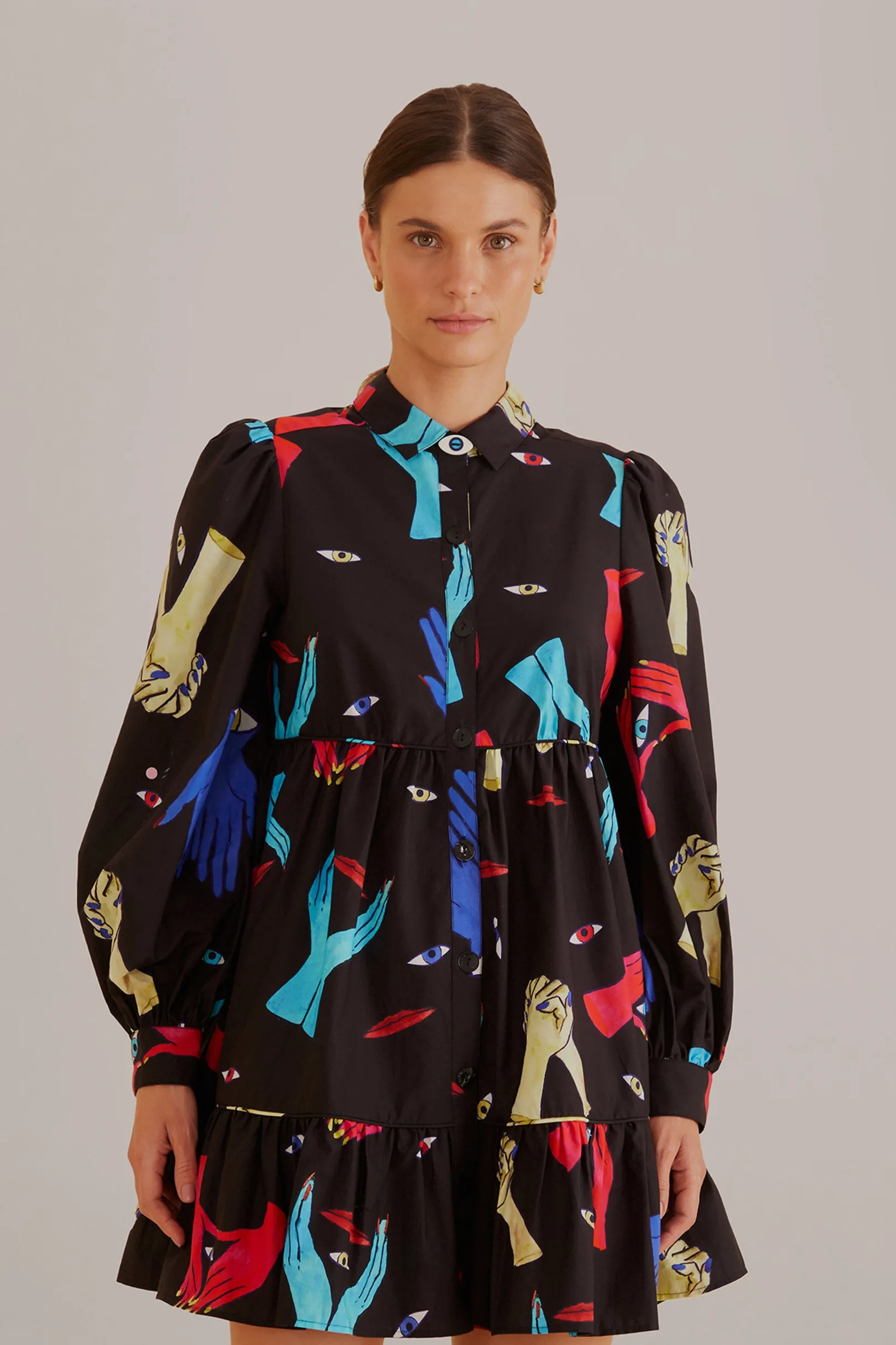 FARM Rio BLACK COLORFUL TOGETHER LONG SLEEVE MINI DRESS Store