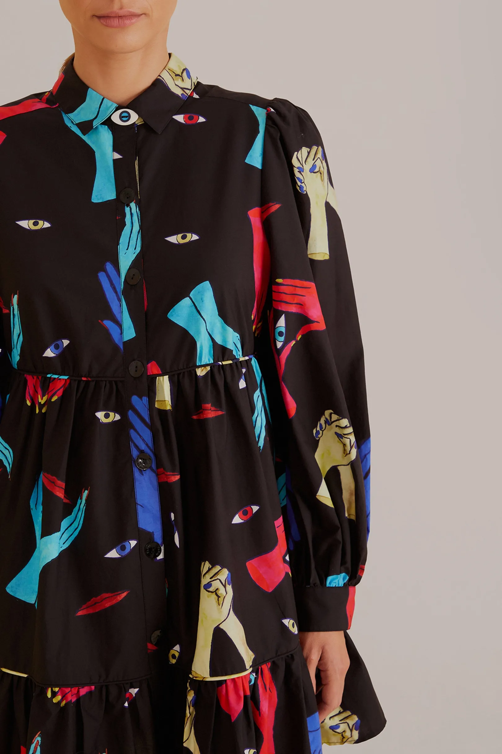 FARM Rio BLACK COLORFUL TOGETHER LONG SLEEVE MINI DRESS Store