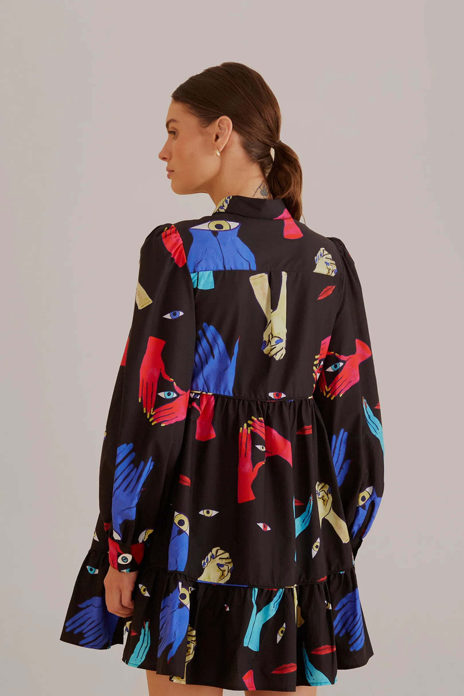 FARM Rio BLACK COLORFUL TOGETHER LONG SLEEVE MINI DRESS Store