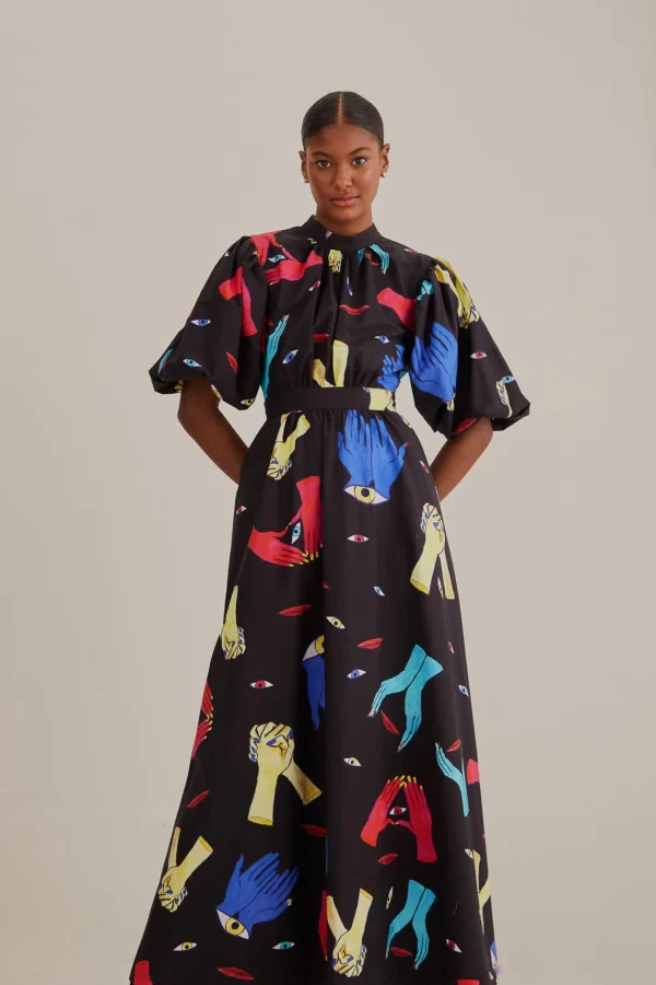FARM Rio  BLACK COLORFUL TOGETHER SHORT SLEEVE MIDI DRESS Cheap