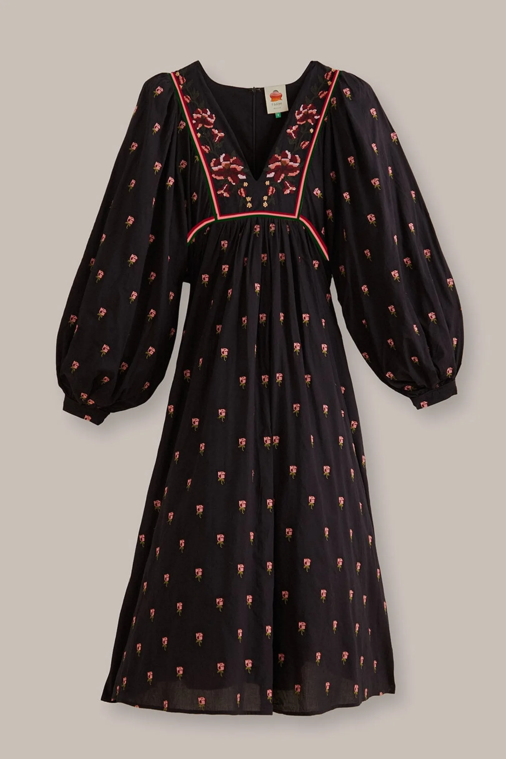 FARM Rio BLACK FLORAL EMBROIDERED V NECK MAXI DRESS New
