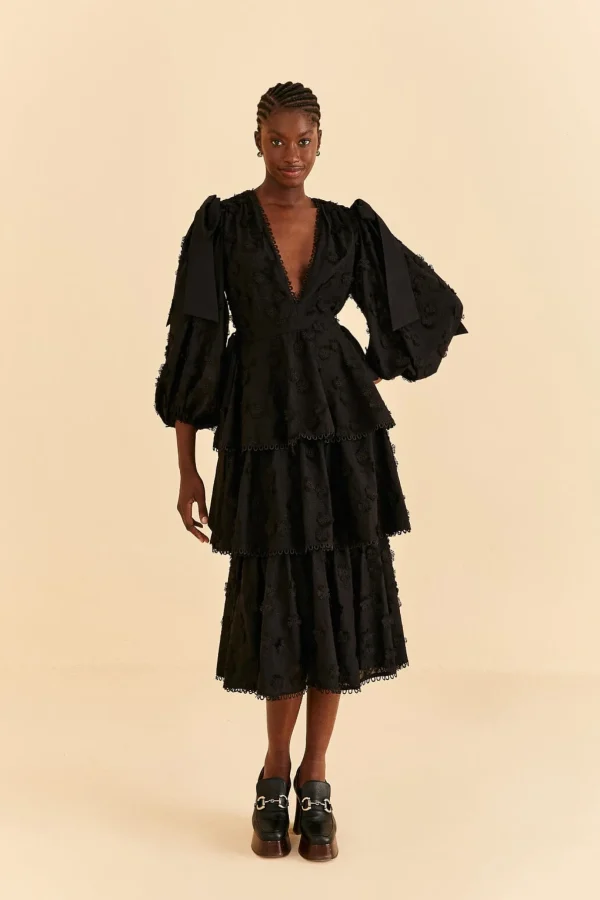FARM Rio  BLACK FLOWERS TEXTURED TIERED MIDI DRESS Fashion