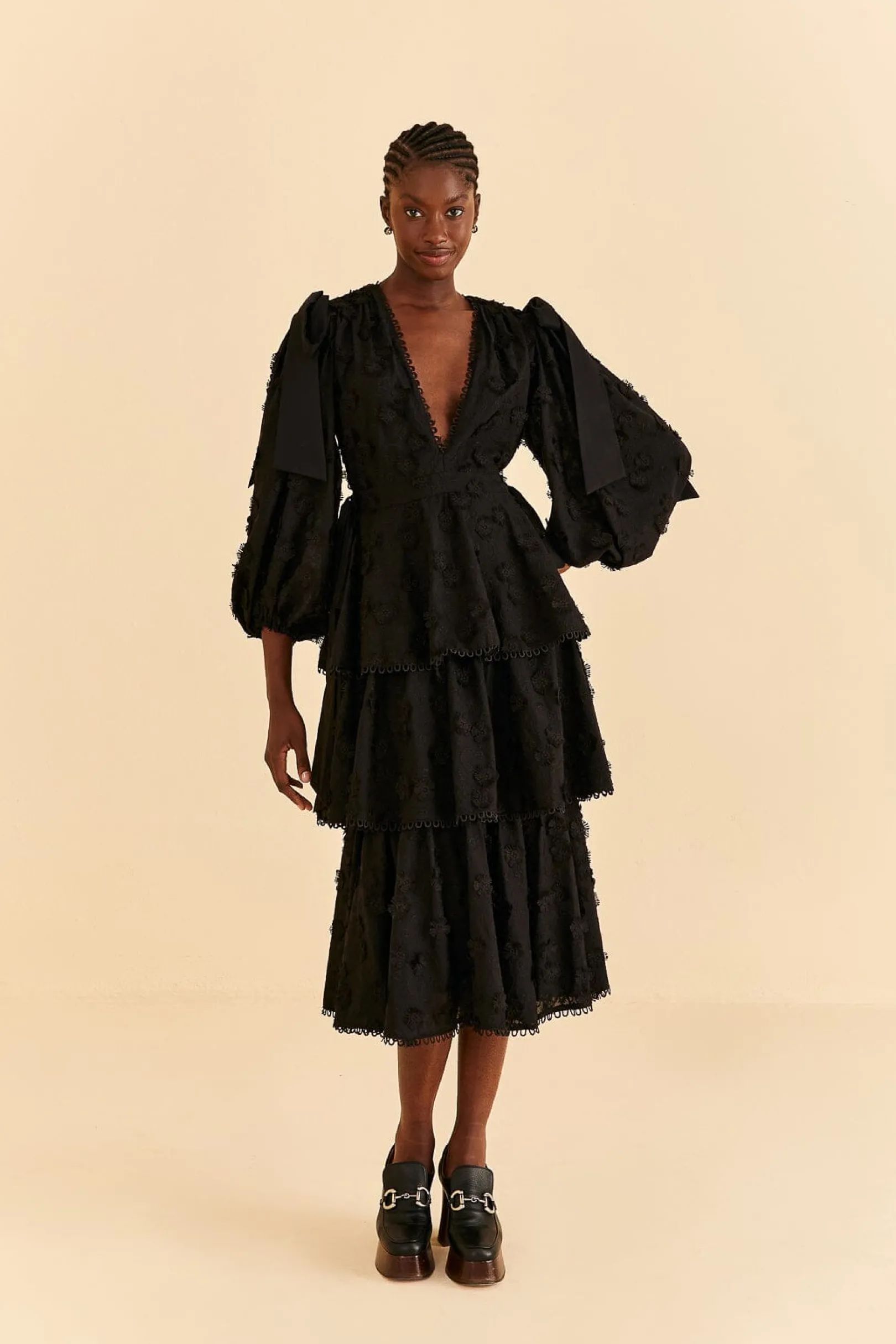 FARM Rio BLACK FLOWERS TEXTURED TIERED MIDI DRESS Fashion