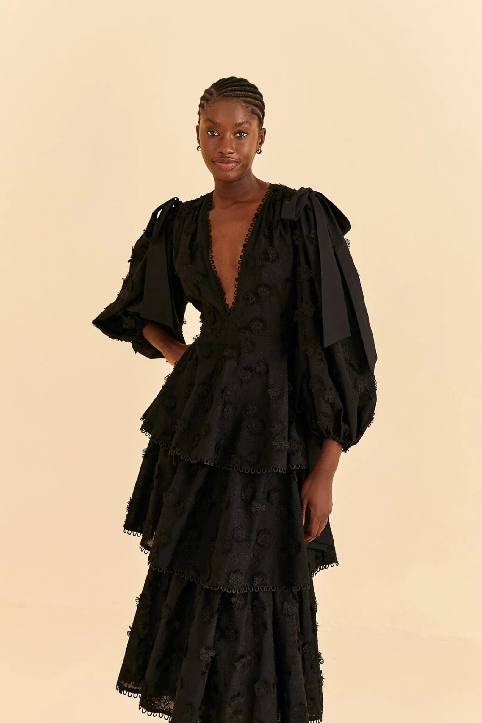 FARM Rio BLACK FLOWERS TEXTURED TIERED MIDI DRESS Fashion
