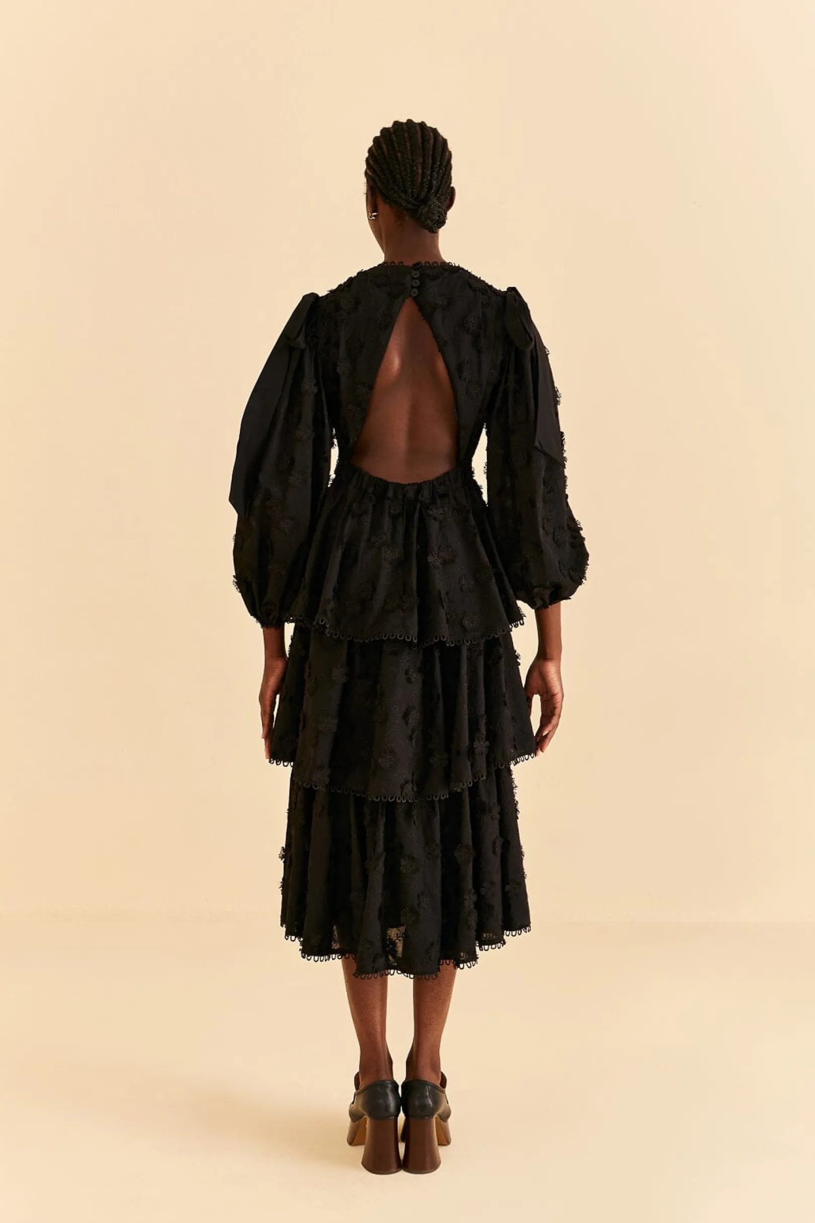 FARM Rio BLACK FLOWERS TEXTURED TIERED MIDI DRESS Fashion