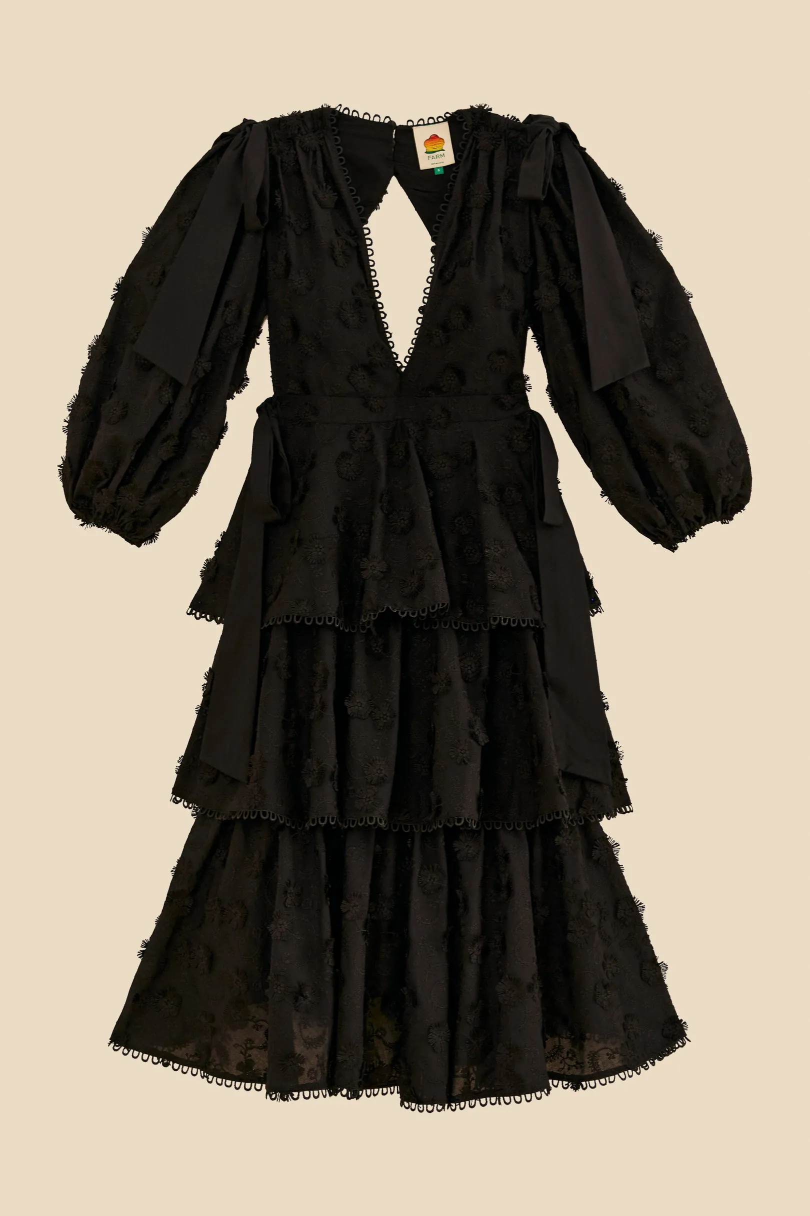 FARM Rio BLACK FLOWERS TEXTURED TIERED MIDI DRESS Fashion