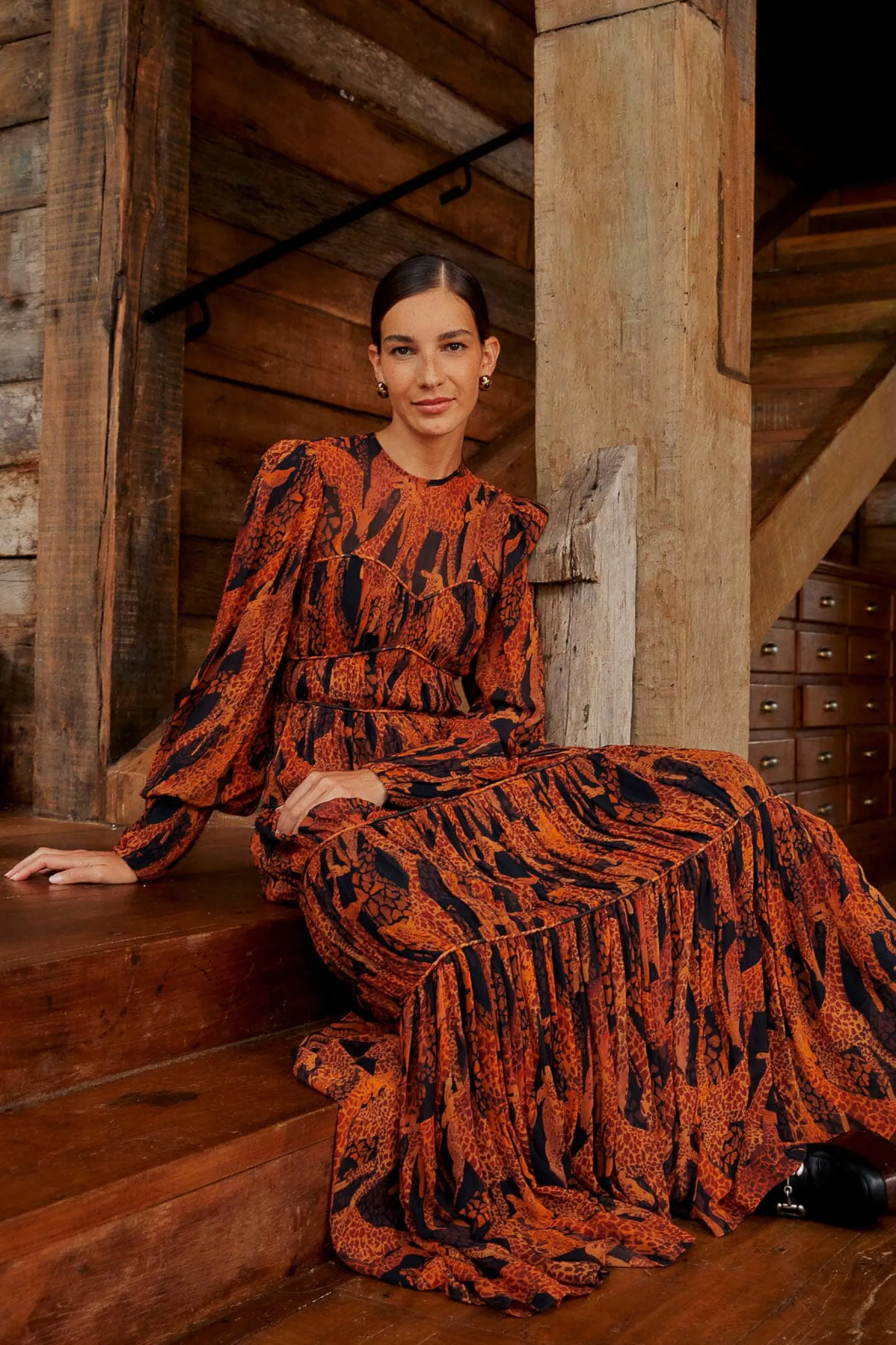 FARM Rio BLACK GIRAFFES PUFF SLEEVE MAXI DRESS Clearance