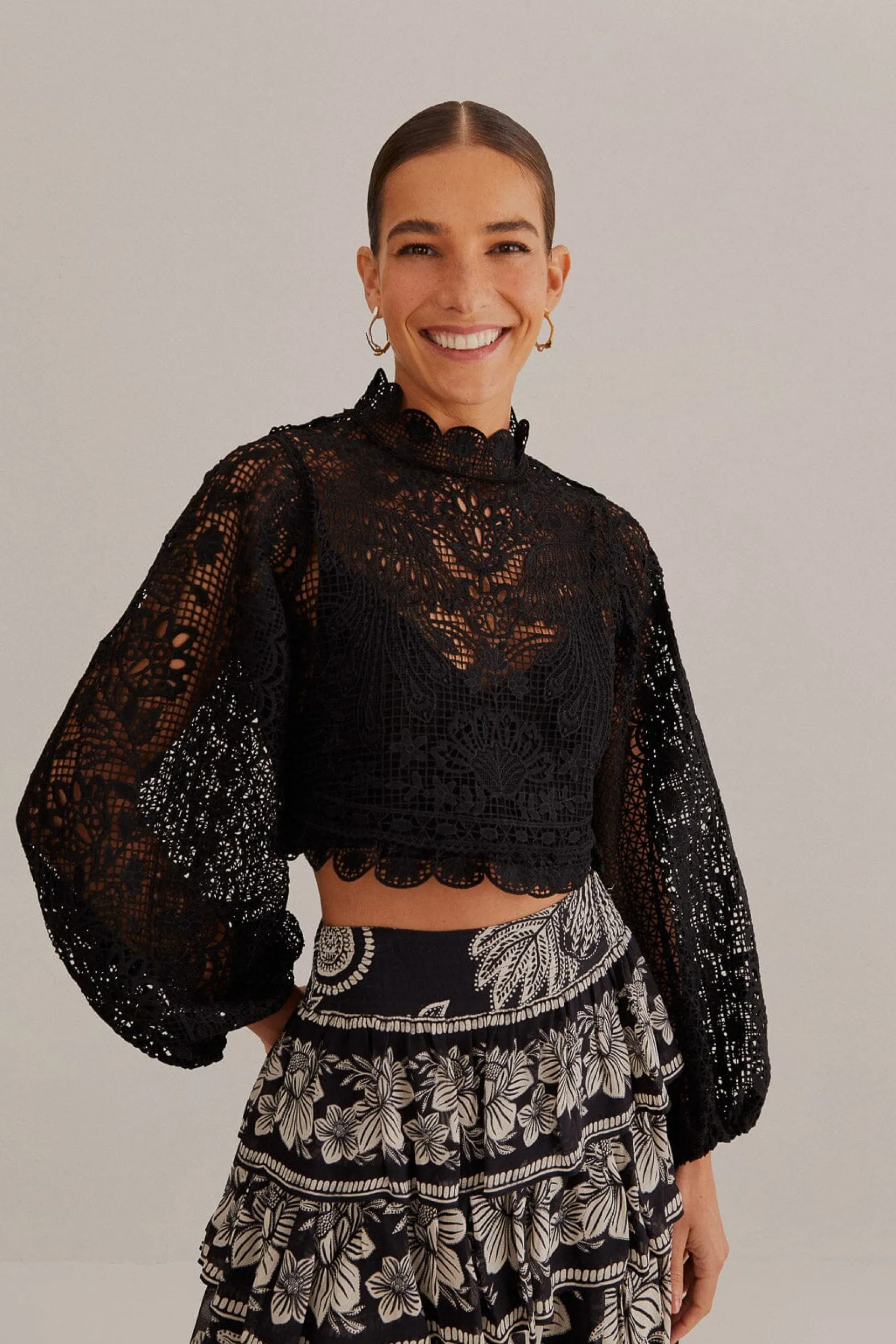FARM Rio BLACK GUIPURE LONG SLEEVE BLOUSE Hot