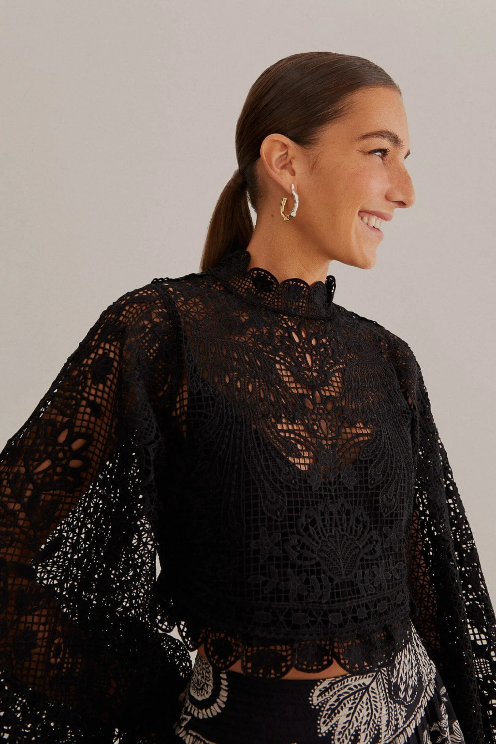 FARM Rio BLACK GUIPURE LONG SLEEVE BLOUSE Hot