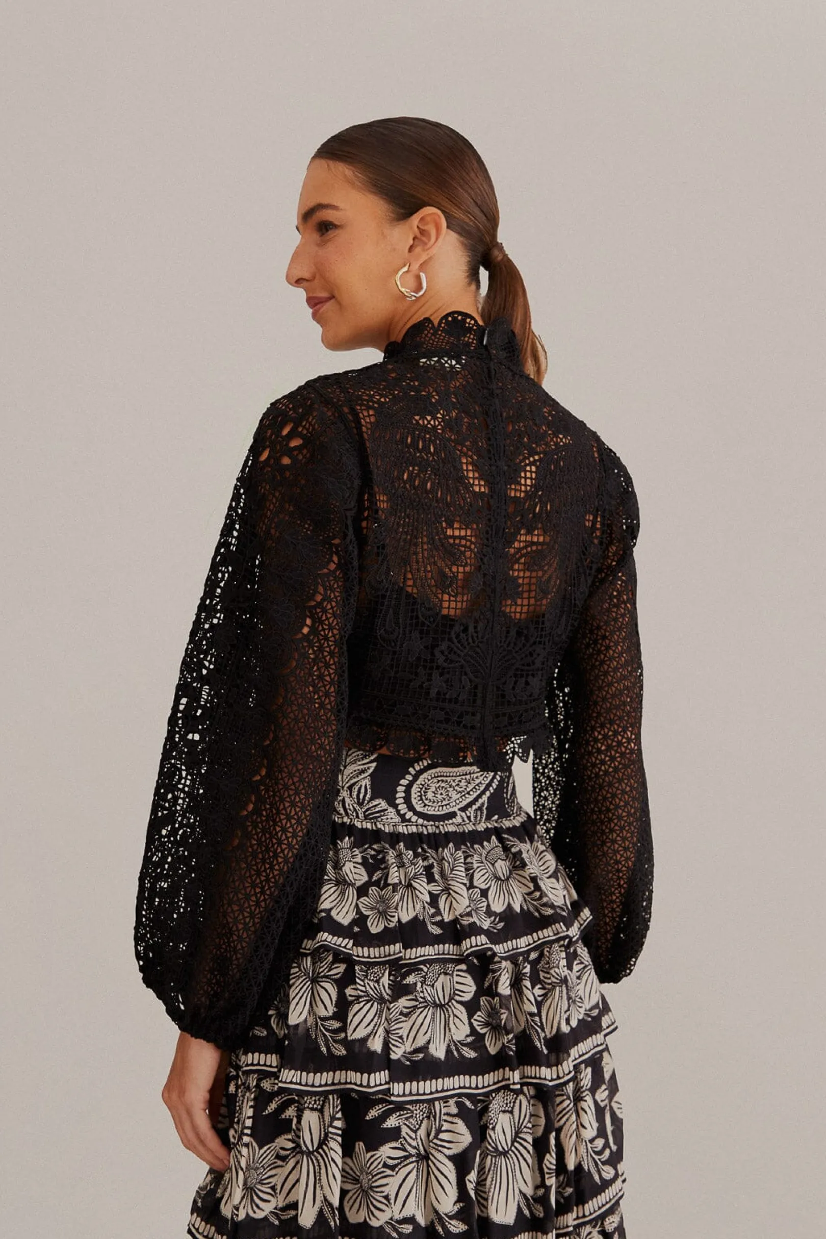 FARM Rio BLACK GUIPURE LONG SLEEVE BLOUSE Hot