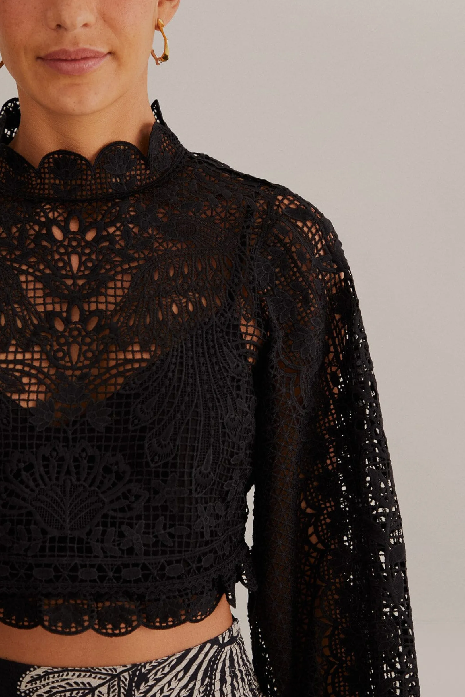 FARM Rio BLACK GUIPURE LONG SLEEVE BLOUSE Hot
