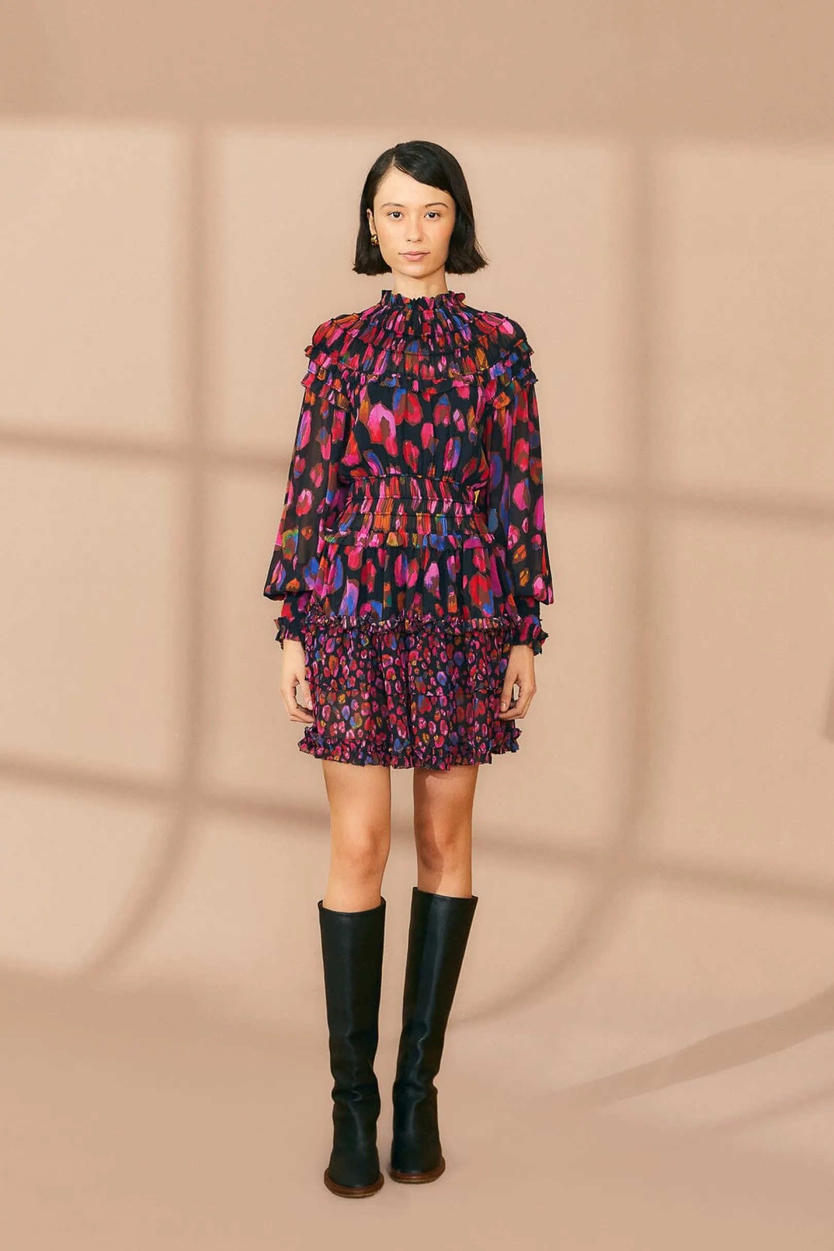 FARM Rio BLACK IRIDESCENT LEOPARDS RUFFLE MINI DRESS Online