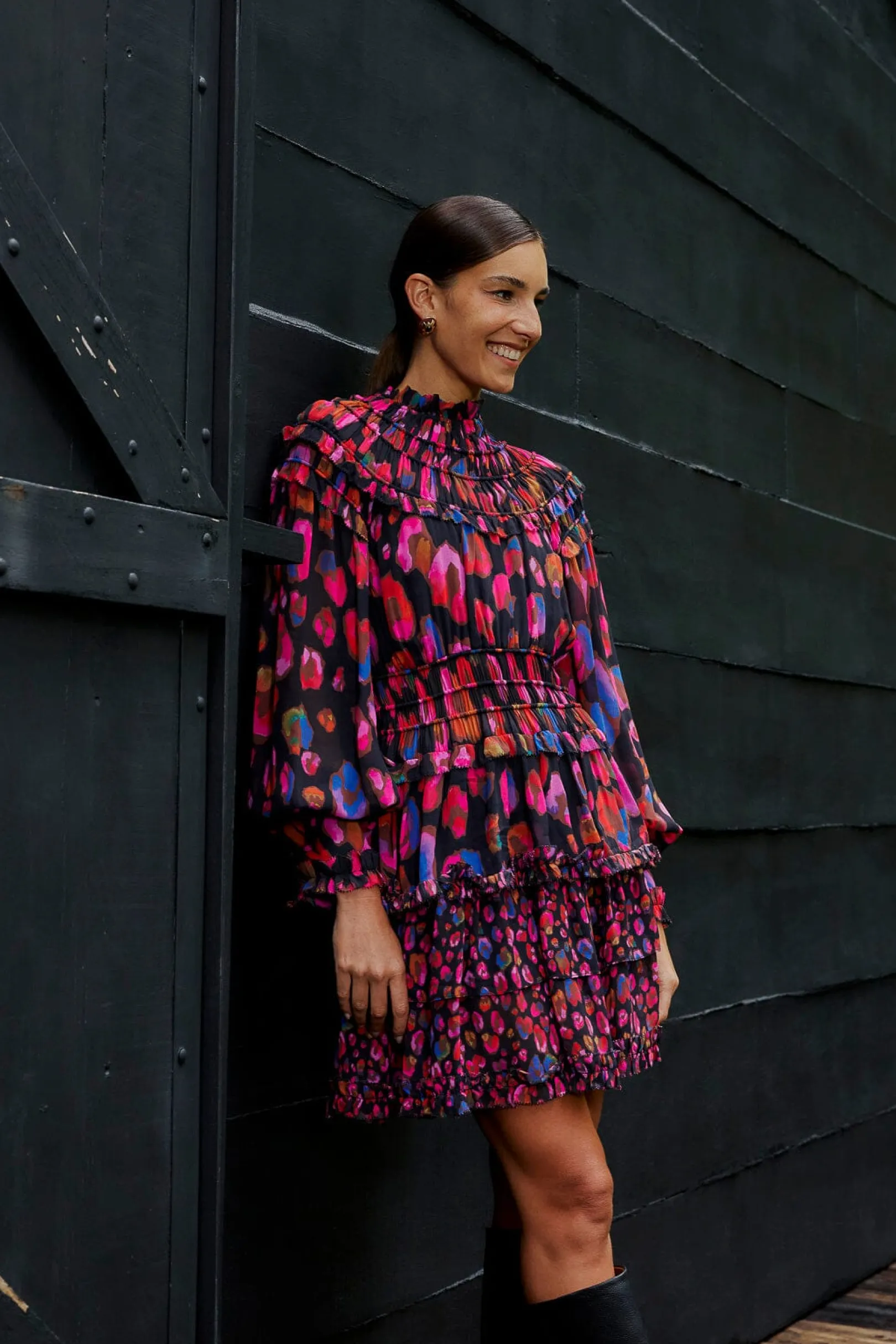 FARM Rio BLACK IRIDESCENT LEOPARDS RUFFLE MINI DRESS Online