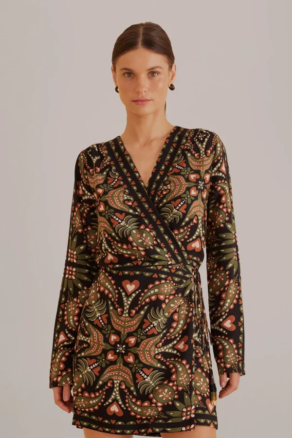 FARM Rio BLACK MARTINA SCARF LONG SLEEVE WRAP MINI DRESS Shop