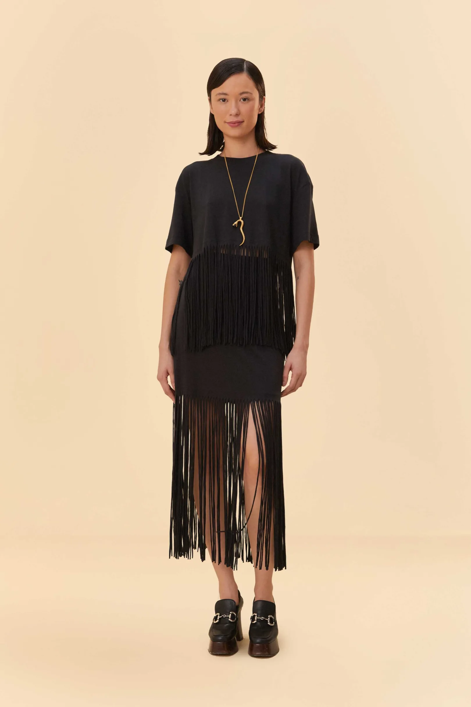 FARM Rio BLACK ORGANIC COTTON FRINGE MIDI SKIRT Online