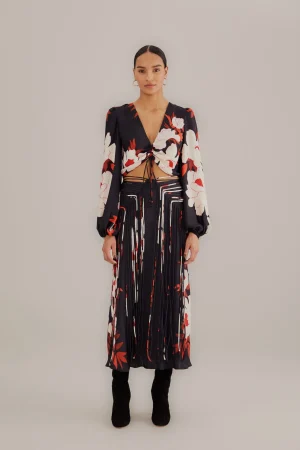 FARM Rio BLACK PEONY FRINGE MIDI SKIRT Online