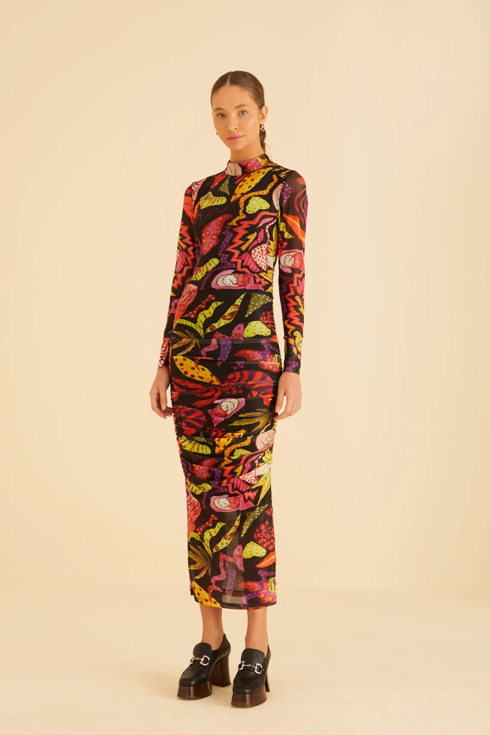 FARM Rio BLACK PSYCHEDELIC GARDEN TULLE MIDI DRESS Flash Sale