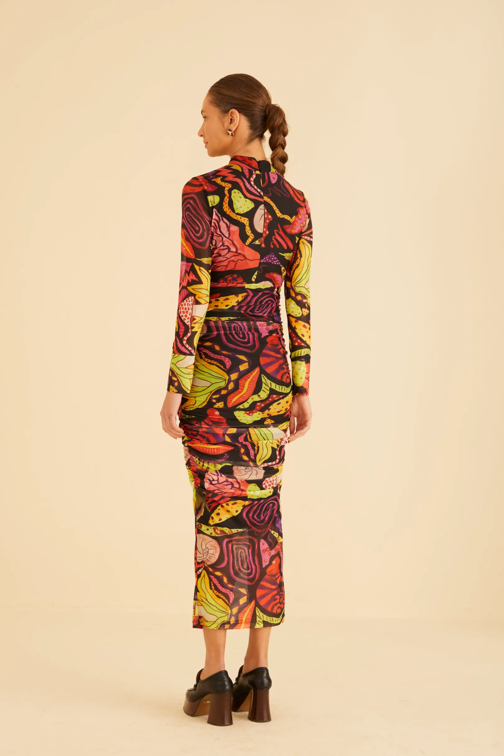 FARM Rio BLACK PSYCHEDELIC GARDEN TULLE MIDI DRESS Flash Sale