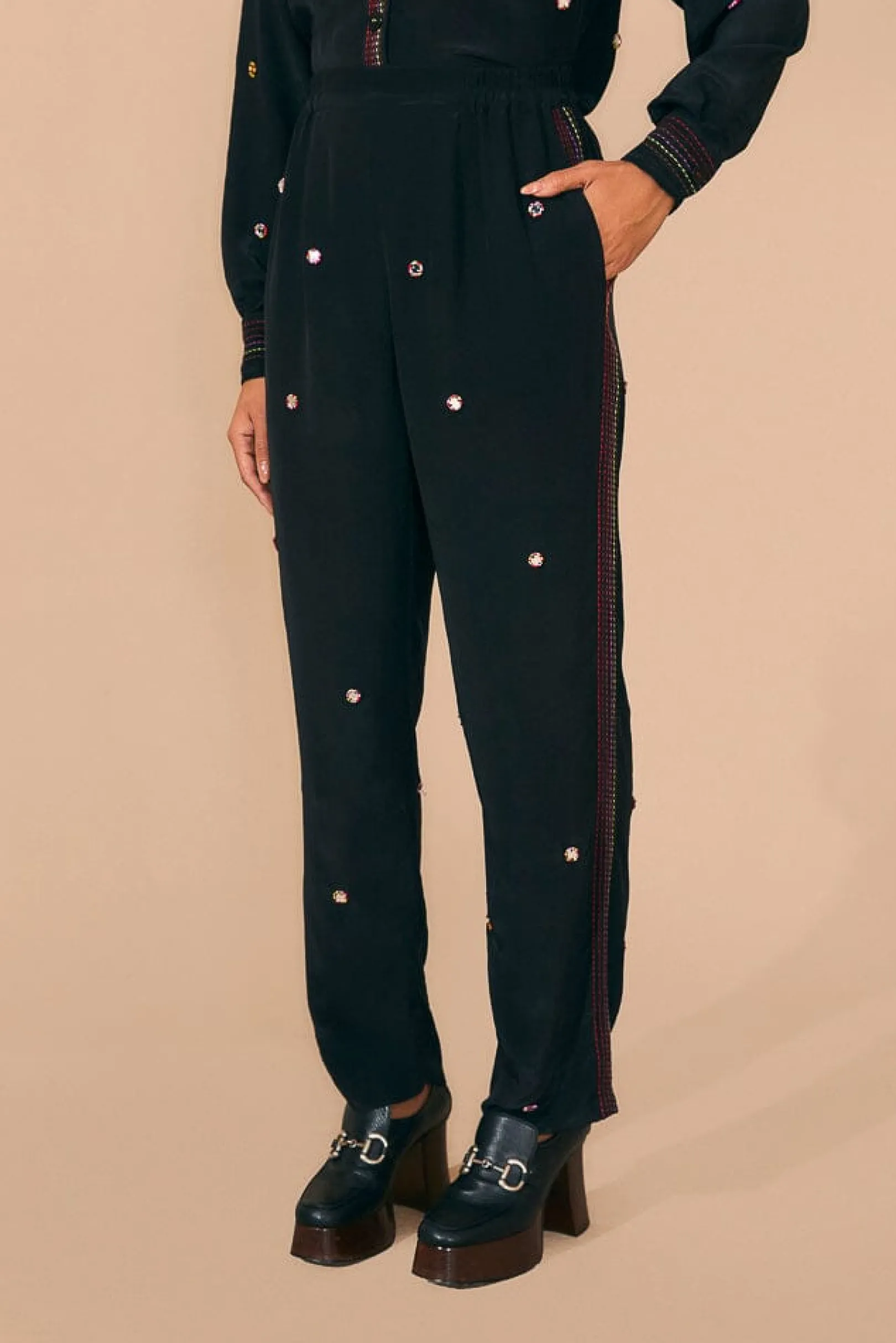 FARM Rio BLACK RAINBOW BEADED MIRROR TRIM PANTS Shop
