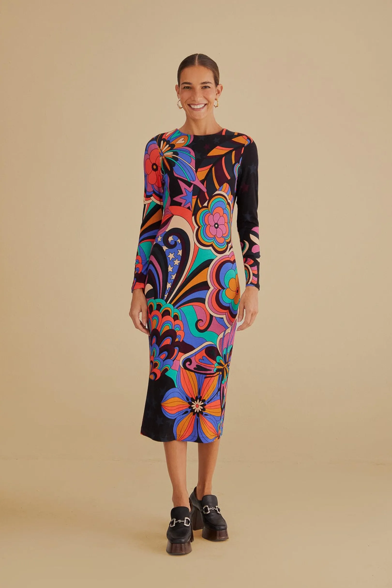 FARM Rio BLACK 70S VIBE LENZING™ ECOVERO™ VISCOSE MIDI DRESS Store