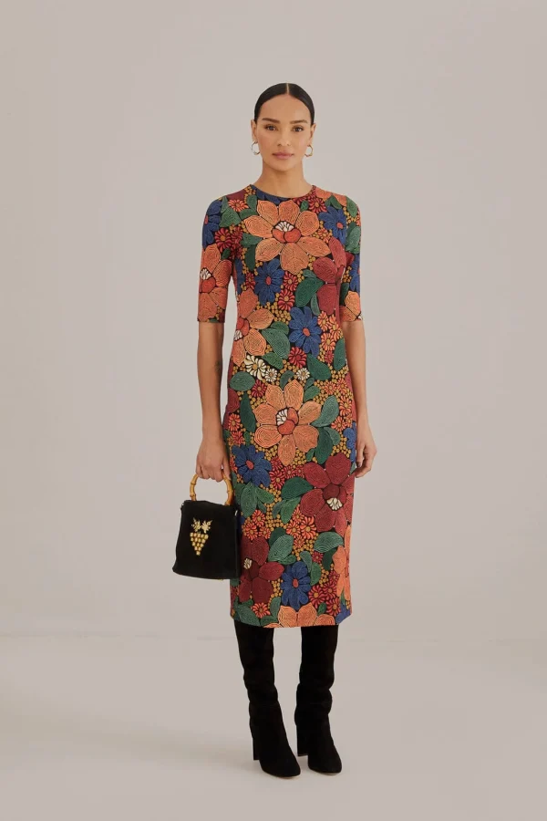 FARM Rio  BLACK STITCHED FLOWERS LENZING™ ECOVERO™ VISCOSE MIDI DRESS Fashion