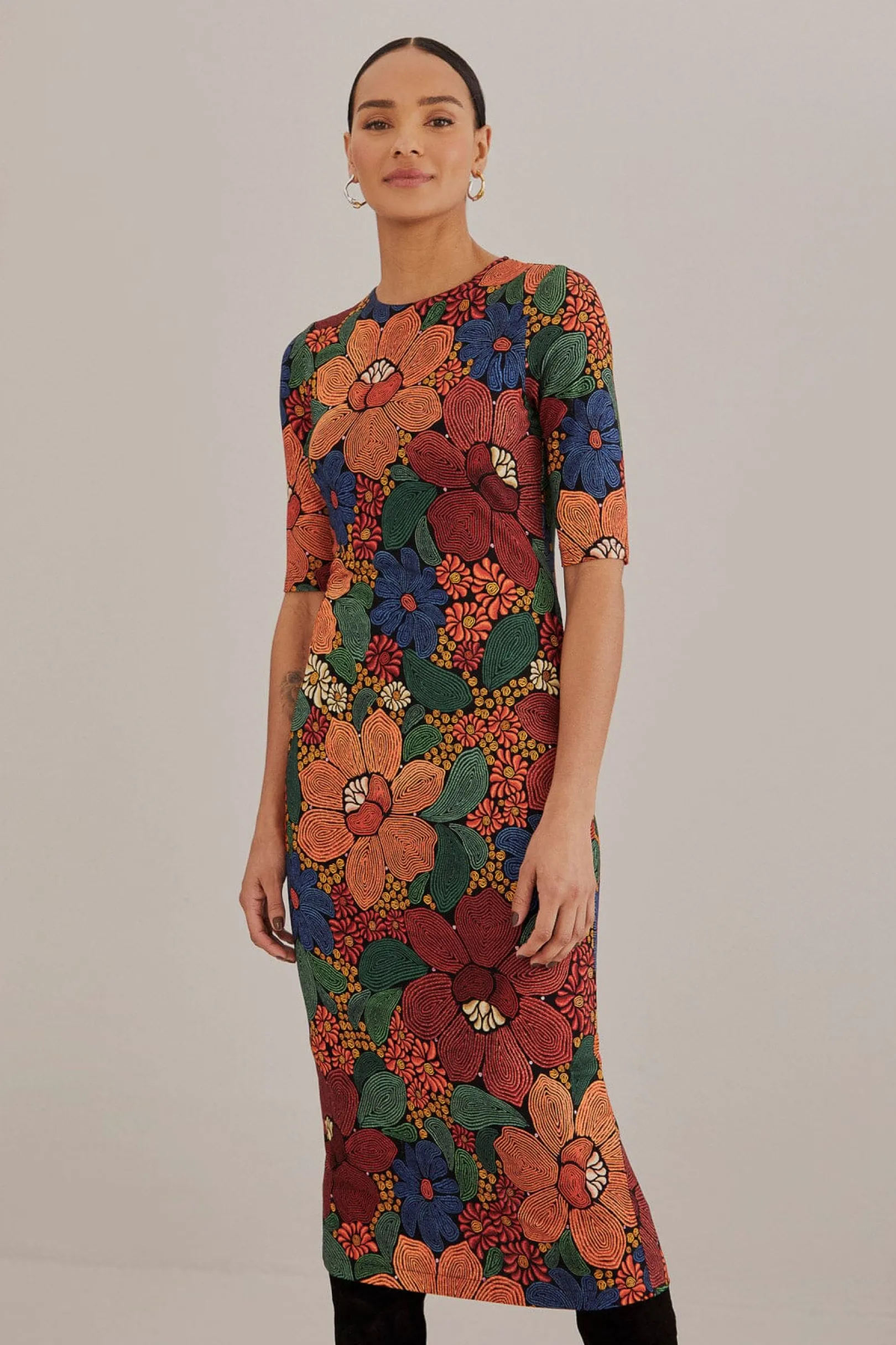 FARM Rio BLACK STITCHED FLOWERS LENZING™ ECOVERO™ VISCOSE MIDI DRESS Fashion