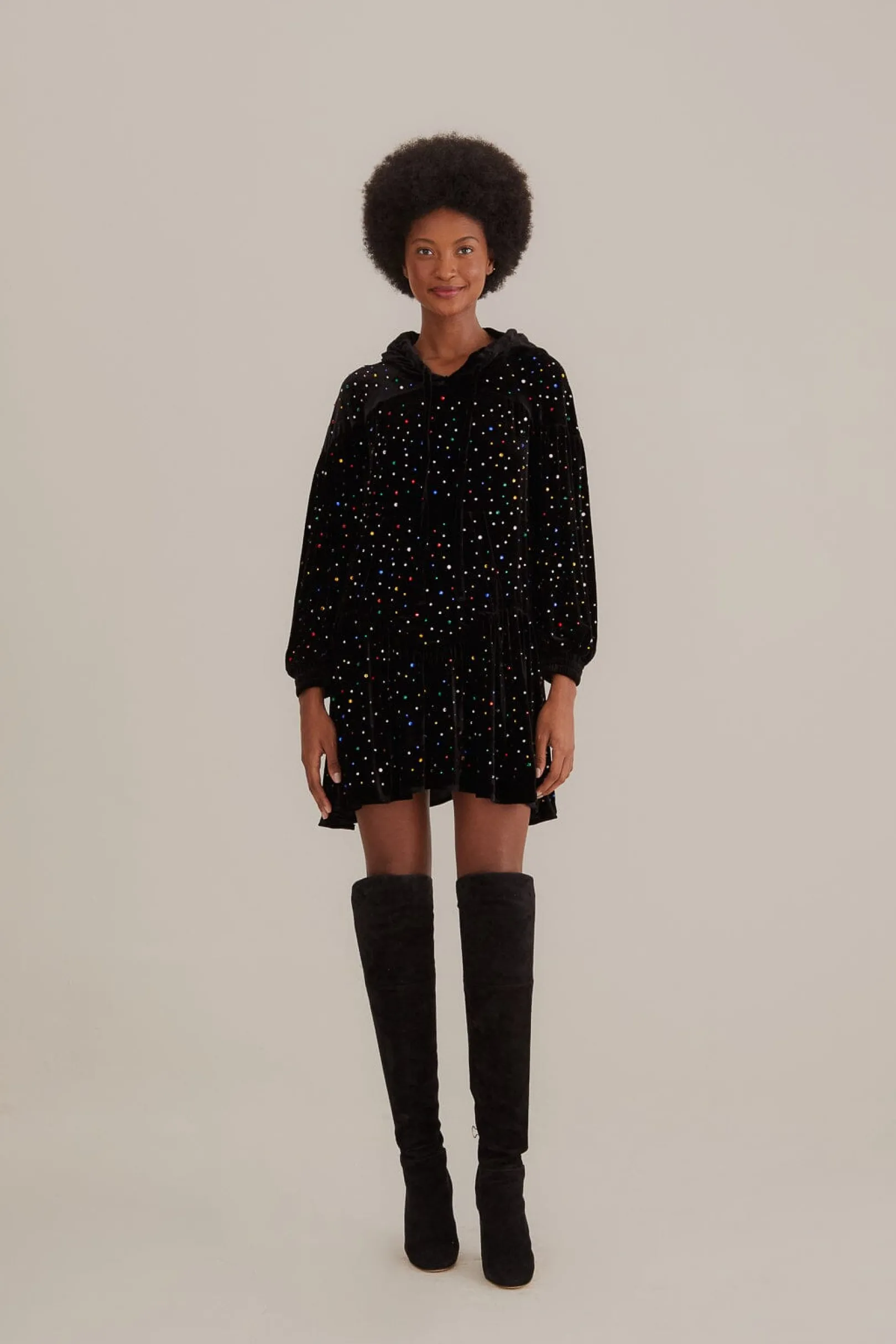 FARM Rio BLACK VELVET LONG SLEEVE MINI DRESS Outlet