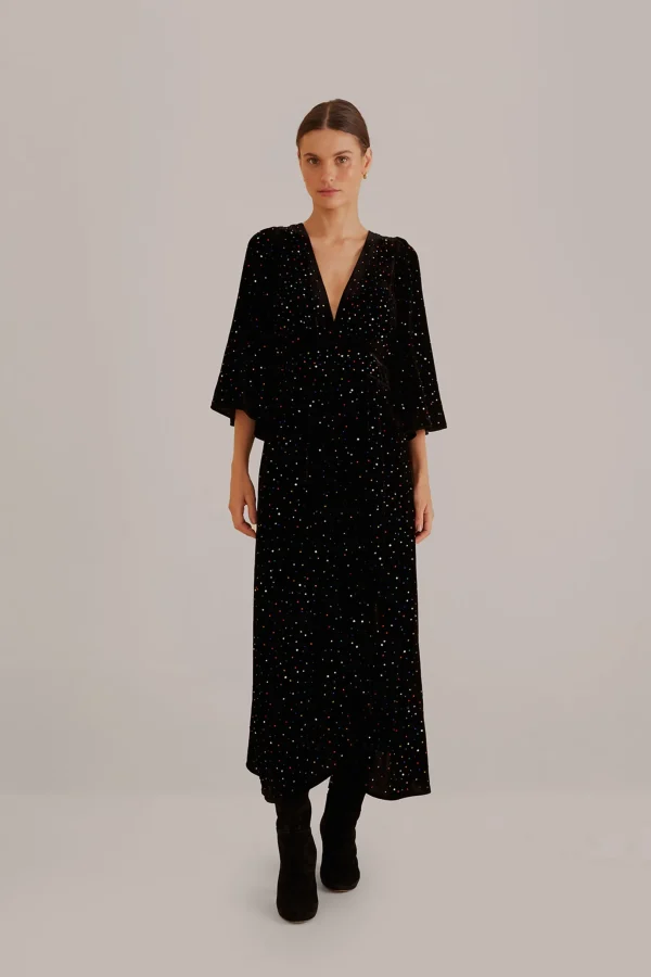FARM Rio  BLACK VELVET  SHORT SLEEVE MIDI DRESS Sale