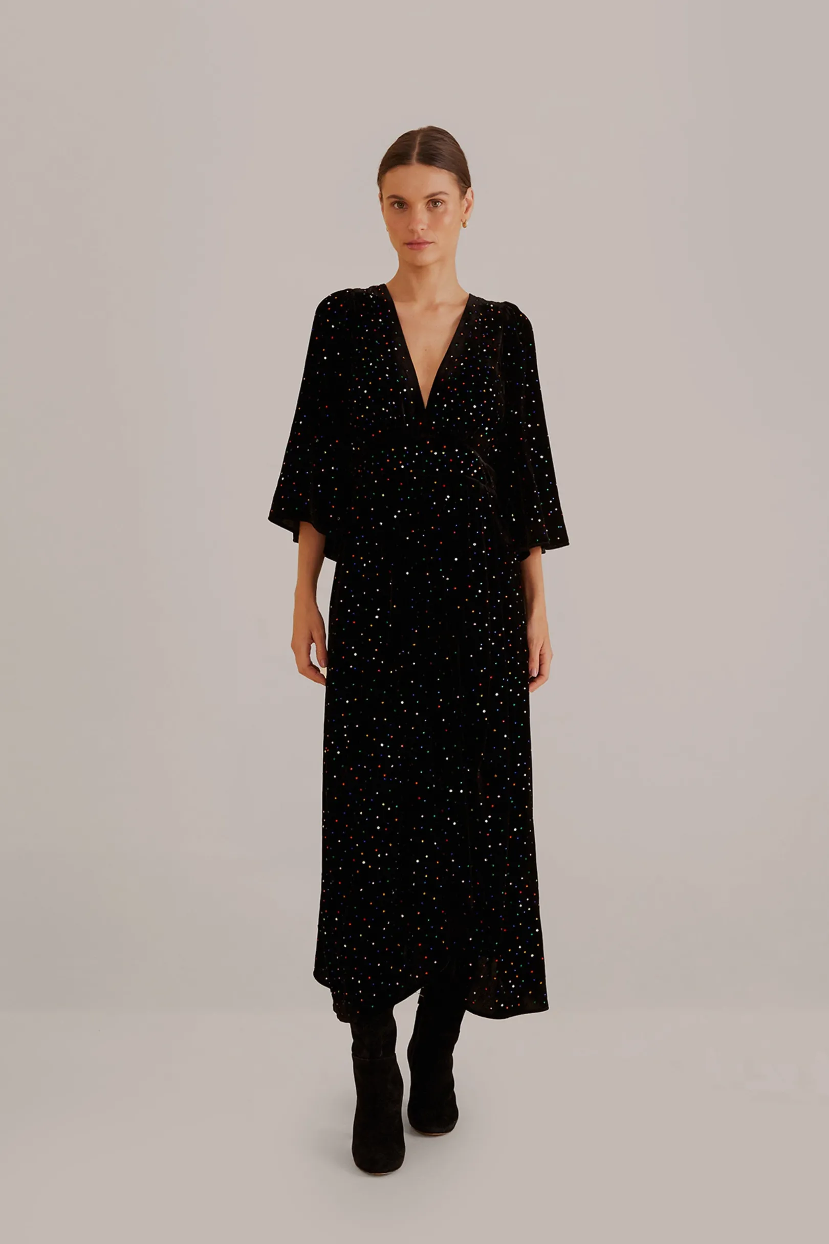 FARM Rio BLACK VELVET SHORT SLEEVE MIDI DRESS Sale