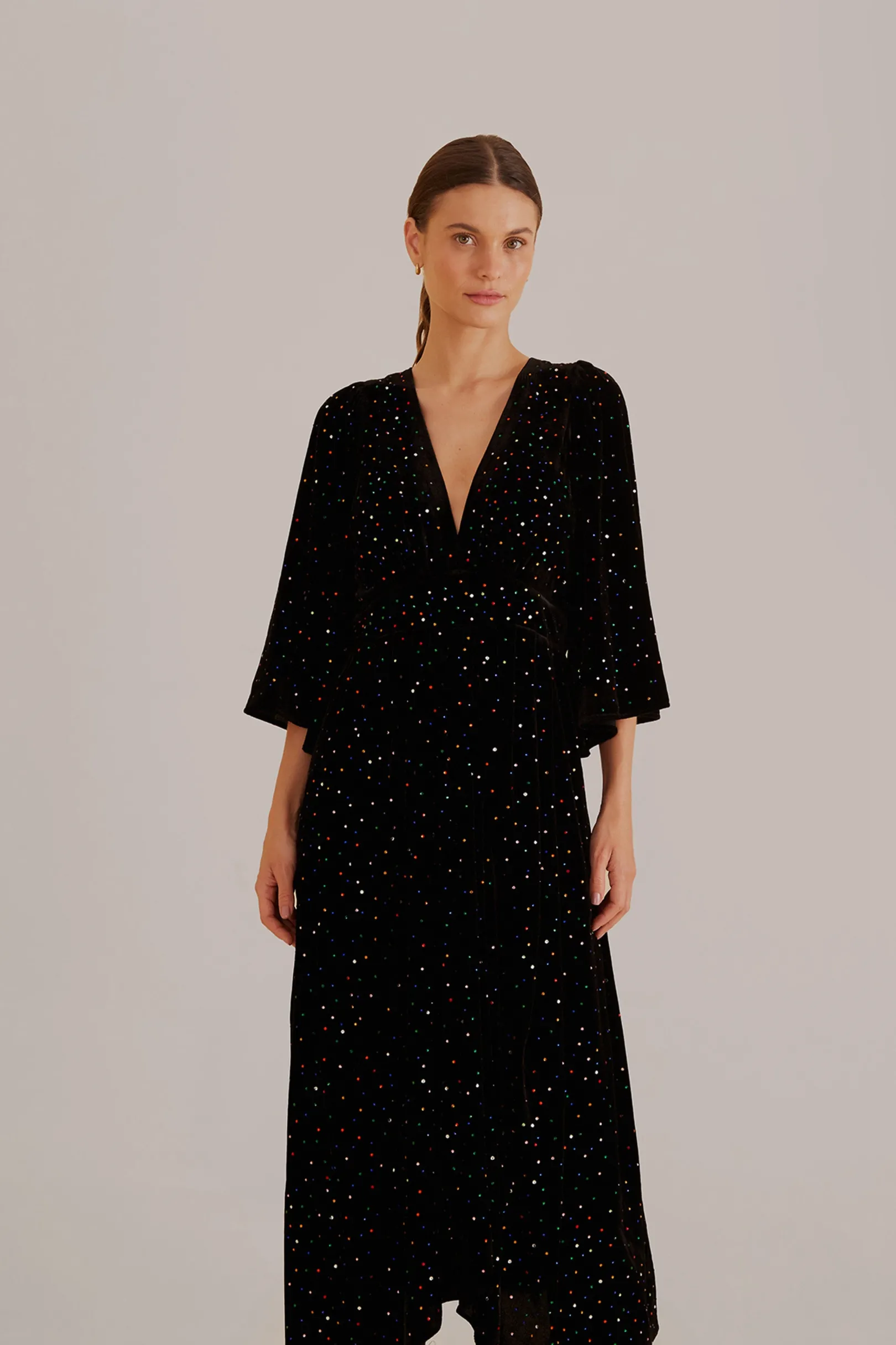 FARM Rio BLACK VELVET SHORT SLEEVE MIDI DRESS Sale
