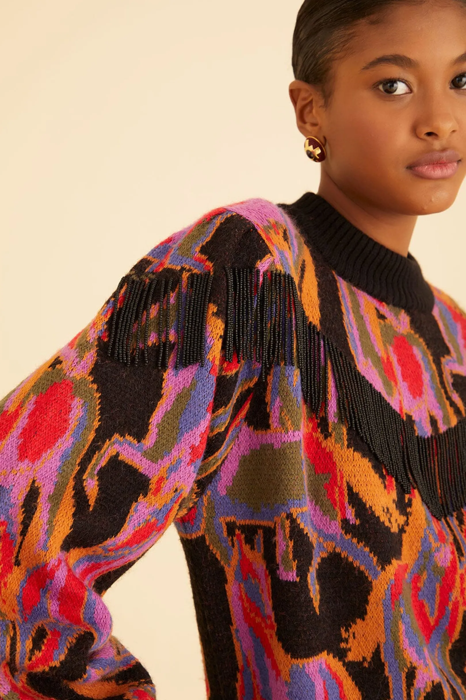 FARM Rio BLACK WILD HORSES FRINGE SWEATER Fashion