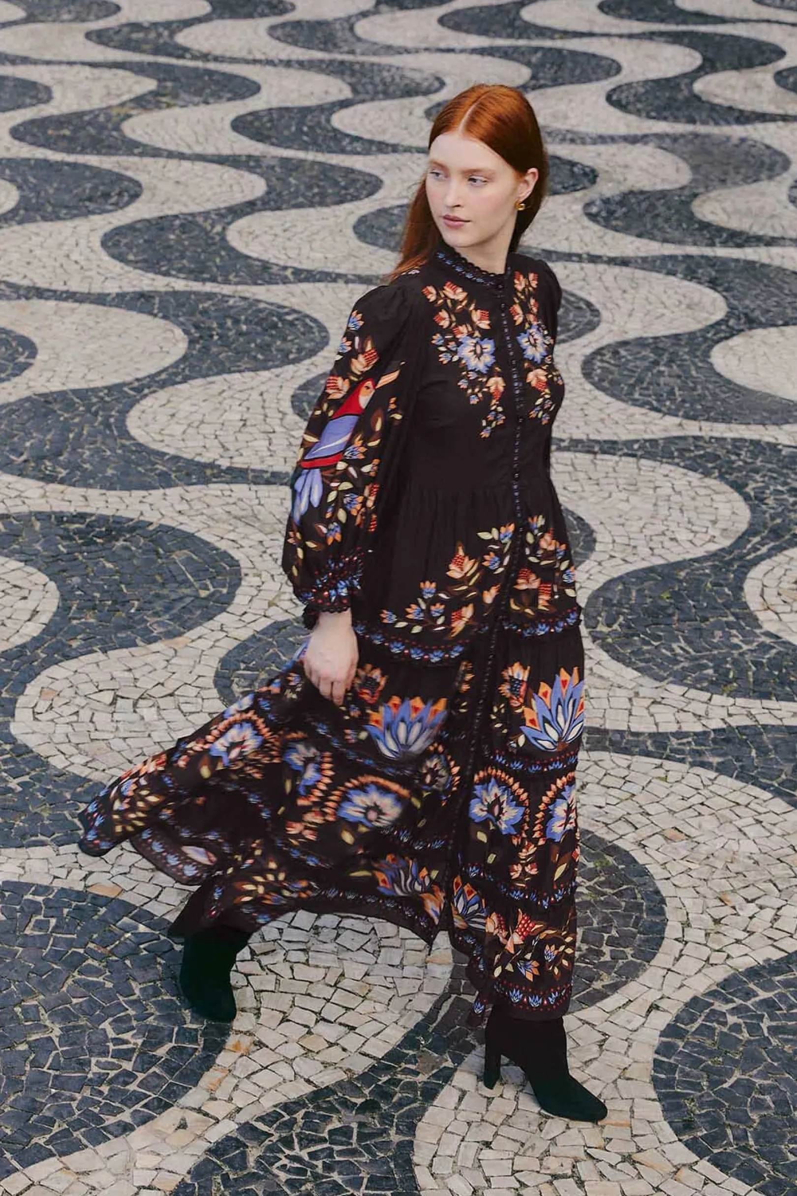 FARM Rio BLACK WINTER GARDEN LONG SLEEVE MAXI DRESS Sale