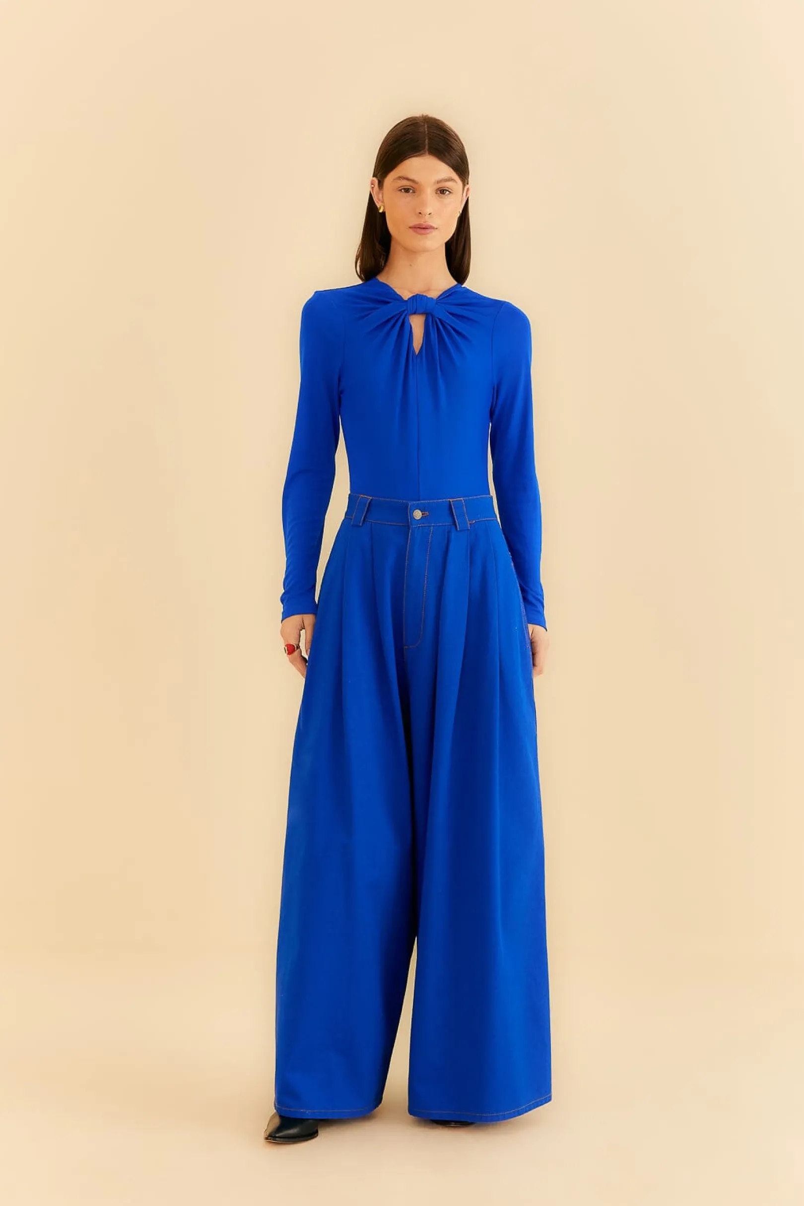 FARM Rio BLUE CANVAS MAXI PLEATED PANTS Cheap